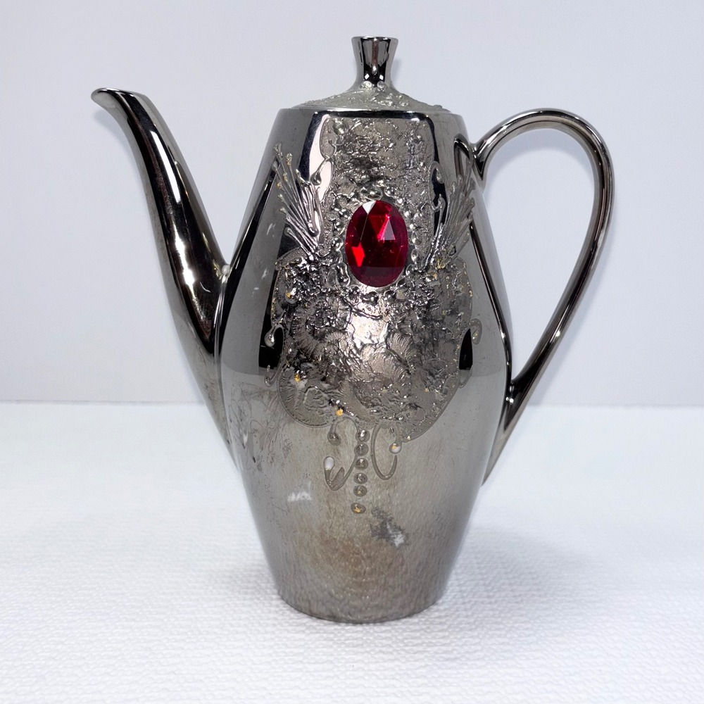 Vintage Teapot Bavaria Porzellanfabrik Porcelain Coffee Pot Silver Tone German